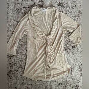 Ann Taylor LOFT oatmeal soft ruffle v neck medium top